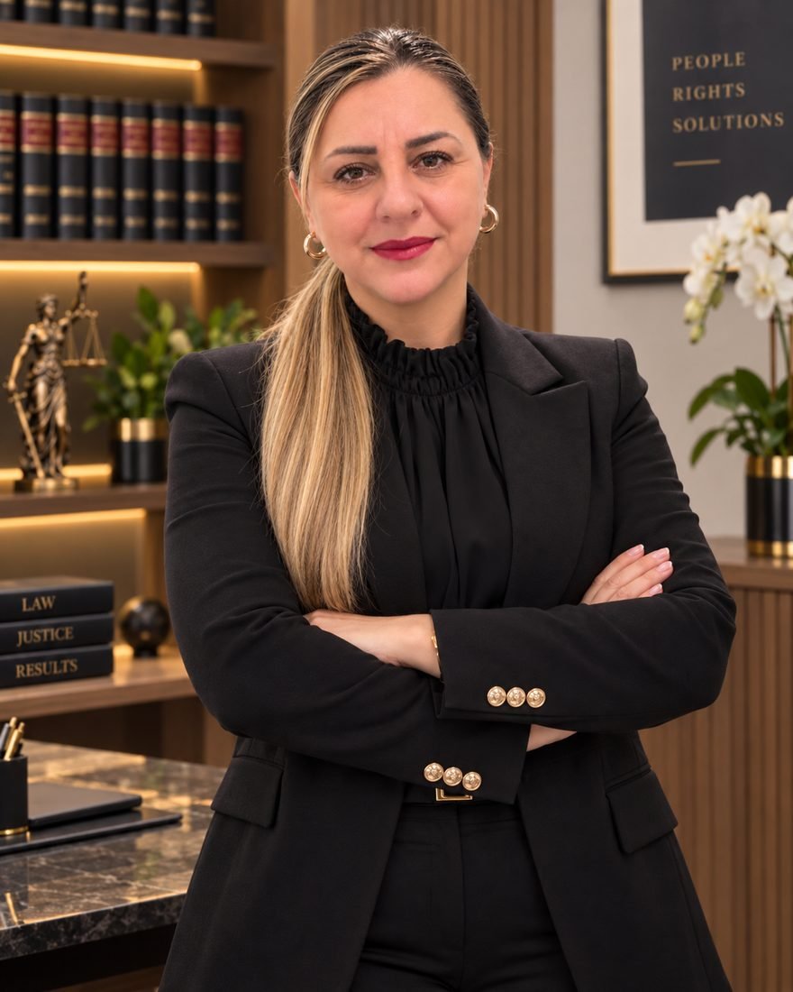 Laudianni Braz, advogada em Jundiaí, de pé no escritório, de blazer preto e braços cruzados, diante de uma estante de livros jurídicos